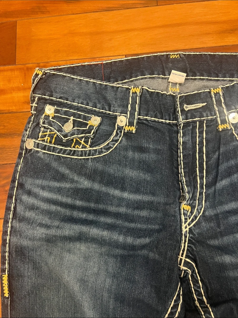True Religion Ricky Straight Leg Dark Blue Denim Jeans with Contrast Stitching